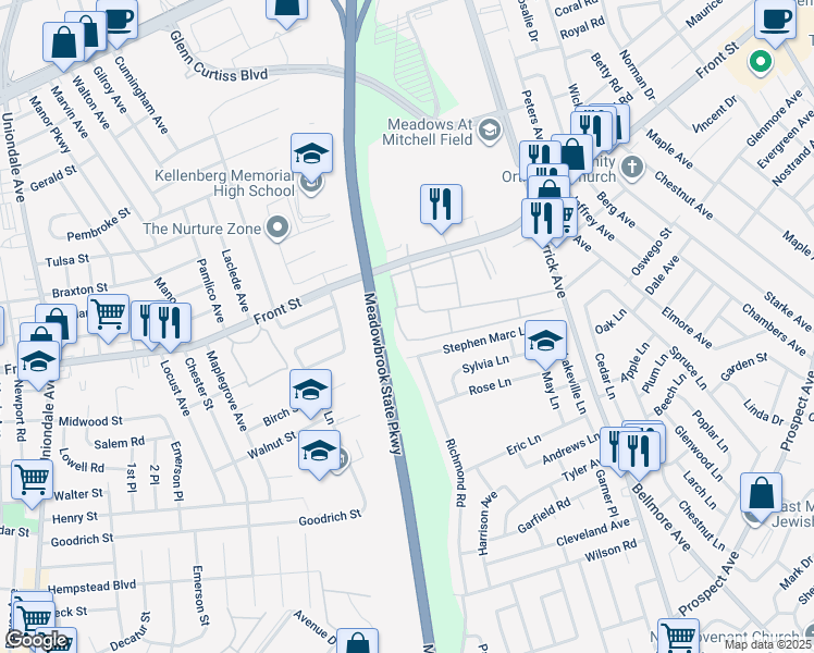 map of restaurants, bars, coffee shops, grocery stores, and more near 1397 Stephen Marc Lane in East Meadow
