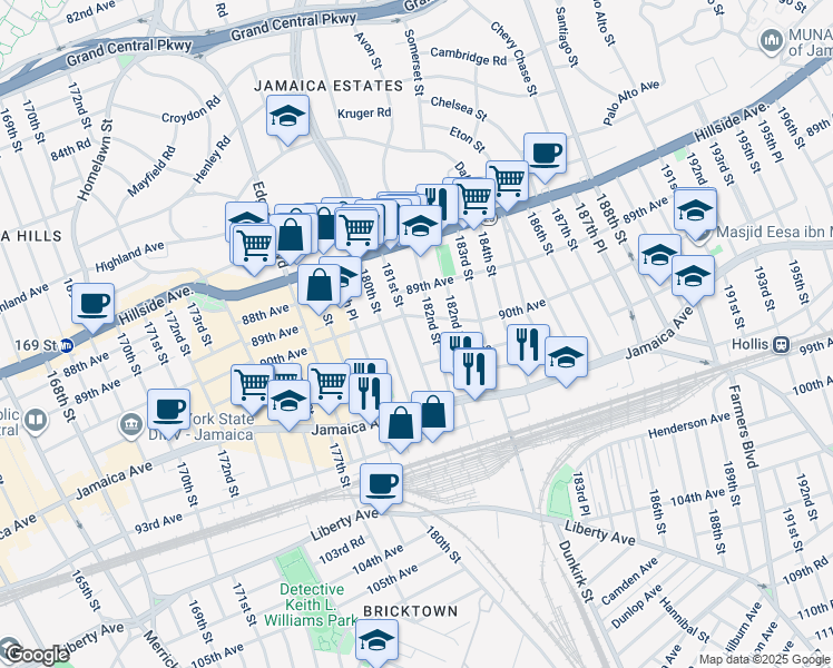 map of restaurants, bars, coffee shops, grocery stores, and more near 90-42 181st Street in Queens