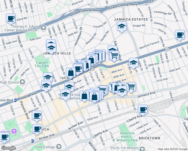 map of restaurants, bars, coffee shops, grocery stores, and more near 89-02 172nd Street in Queens