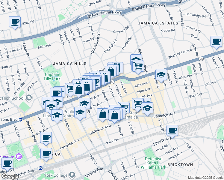 map of restaurants, bars, coffee shops, grocery stores, and more near 88-15 170th Street in Queens