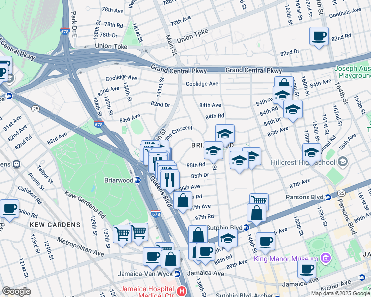 map of restaurants, bars, coffee shops, grocery stores, and more near 140-17 84th Drive in Queens