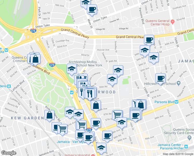 map of restaurants, bars, coffee shops, grocery stores, and more near 140-17 84th Drive in Queens