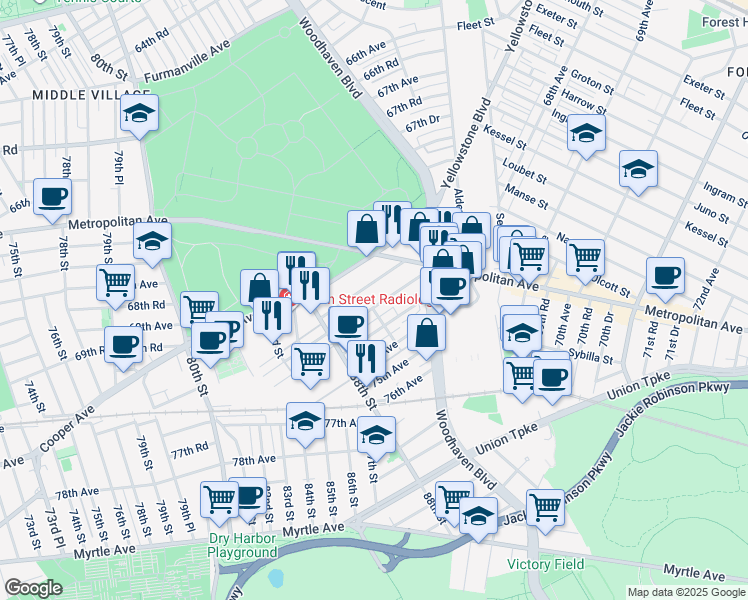 map of restaurants, bars, coffee shops, grocery stores, and more near 89-05 Rutledge Avenue in Queens