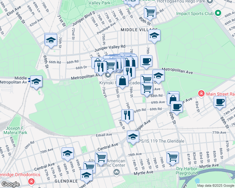 map of restaurants, bars, coffee shops, grocery stores, and more near 68-30 76th Street in Queens