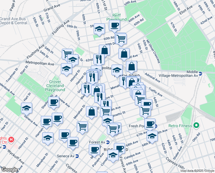 map of restaurants, bars, coffee shops, grocery stores, and more near 59-30 Menahan Street in Queens