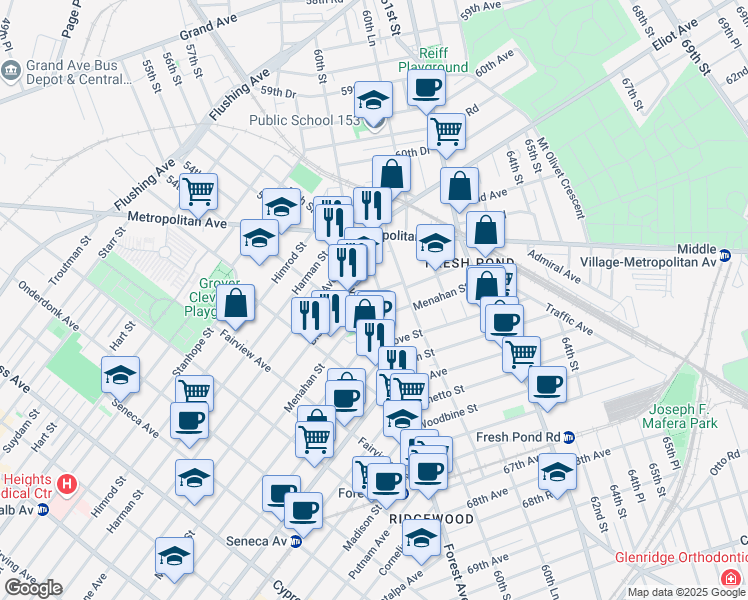 map of restaurants, bars, coffee shops, grocery stores, and more near 63-24 Forest Avenue in Queens