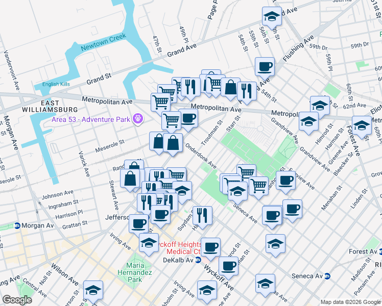 map of restaurants, bars, coffee shops, grocery stores, and more near in Queens