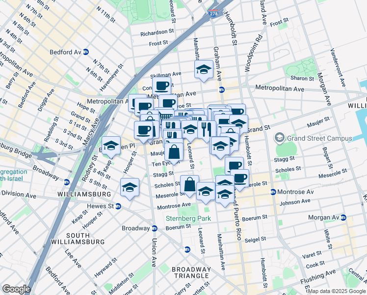 map of restaurants, bars, coffee shops, grocery stores, and more near 176 Leonard Street in Brooklyn