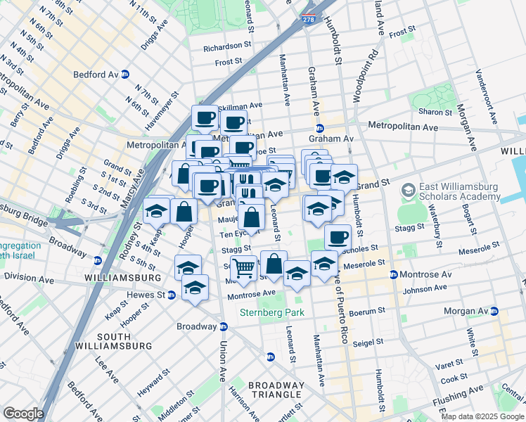 map of restaurants, bars, coffee shops, grocery stores, and more near 49 Ten Eyck Street in Brooklyn