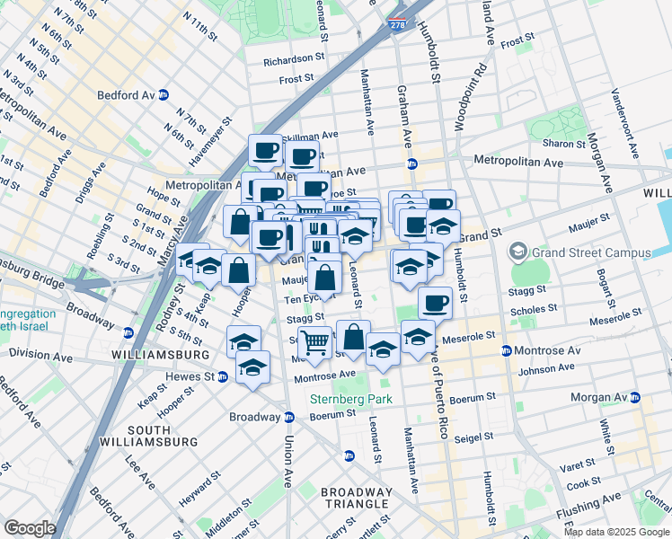 map of restaurants, bars, coffee shops, grocery stores, and more near 49 Ten Eyck Street in Brooklyn
