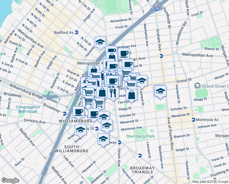 map of restaurants, bars, coffee shops, grocery stores, and more near 392 South 1st Street in Brooklyn