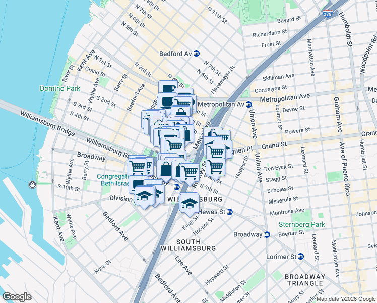 map of restaurants, bars, coffee shops, grocery stores, and more near 253 South 4th Street in Brooklyn