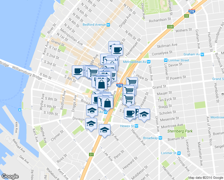 map of restaurants, bars, coffee shops, grocery stores, and more near 253 South 4th Street in Brooklyn