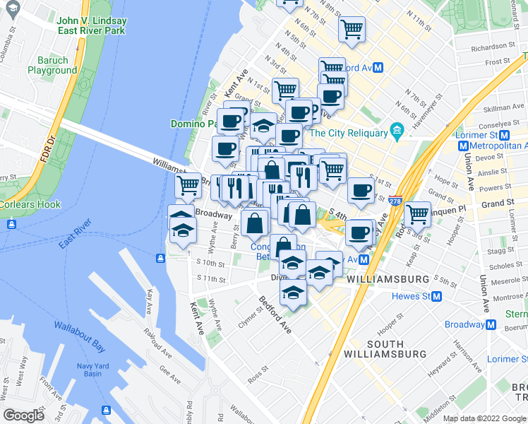 map of restaurants, bars, coffee shops, grocery stores, and more near 140 Broadway in Brooklyn