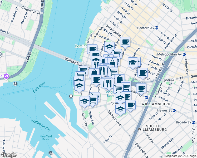 map of restaurants, bars, coffee shops, grocery stores, and more near 101 South 8th Street in Brooklyn