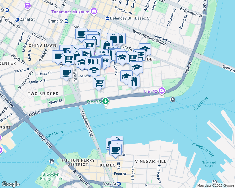 map of restaurants, bars, coffee shops, grocery stores, and more near 299 South Street in New York