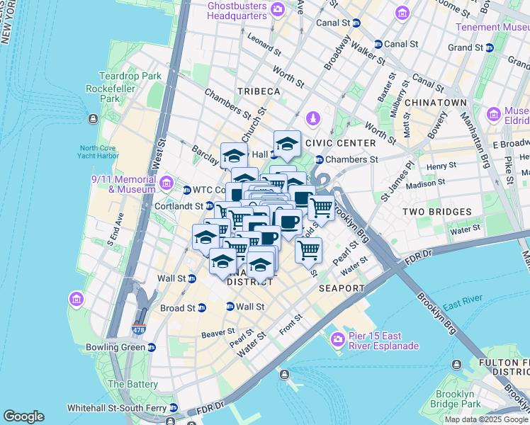map of restaurants, bars, coffee shops, grocery stores, and more near 119 Fulton Street in New York