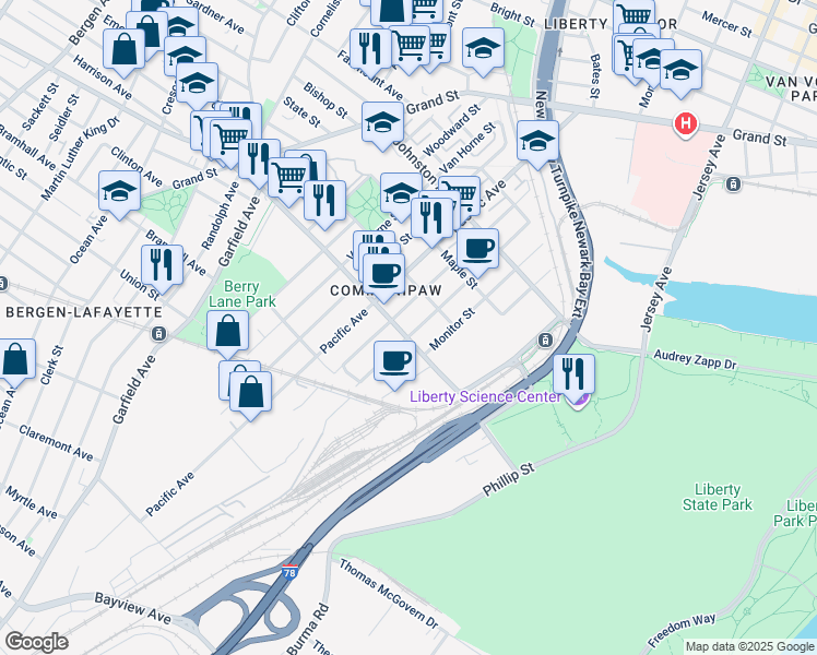 map of restaurants, bars, coffee shops, grocery stores, and more near 328 Communipaw Avenue in Jersey City