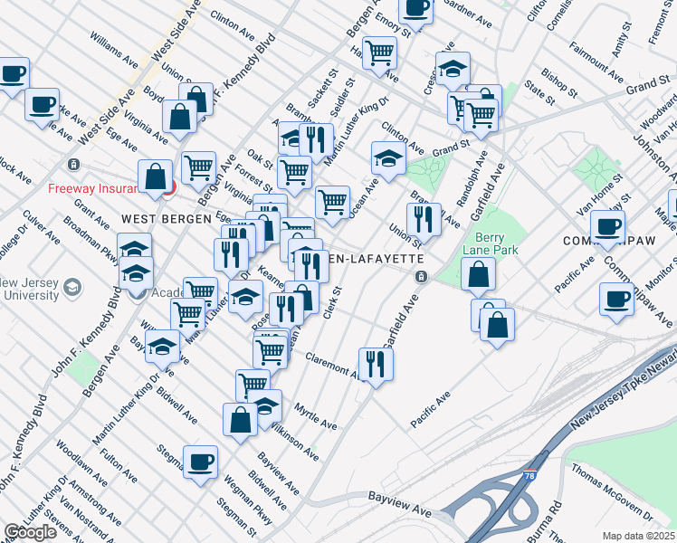map of restaurants, bars, coffee shops, grocery stores, and more near 190 Clerk Street in Jersey City