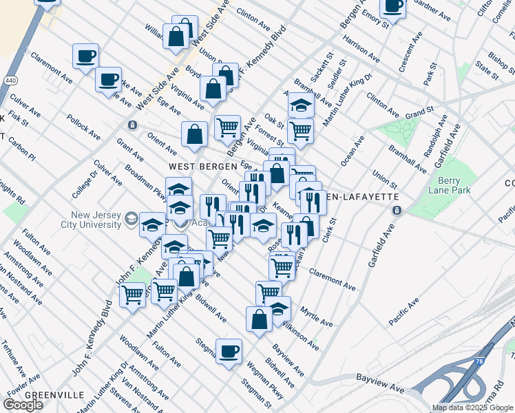 map of restaurants, bars, coffee shops, grocery stores, and more near 165 Claremont Avenue in Jersey City