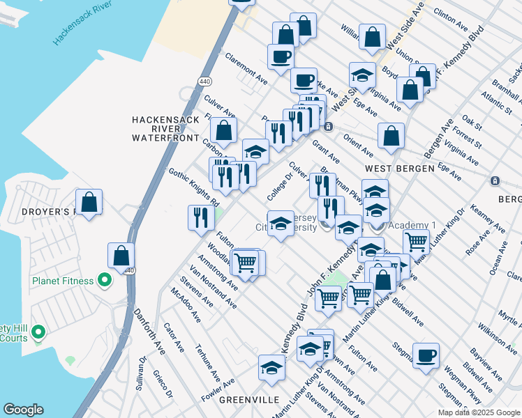 map of restaurants, bars, coffee shops, grocery stores, and more near 356 Stegman Parkway in Jersey City