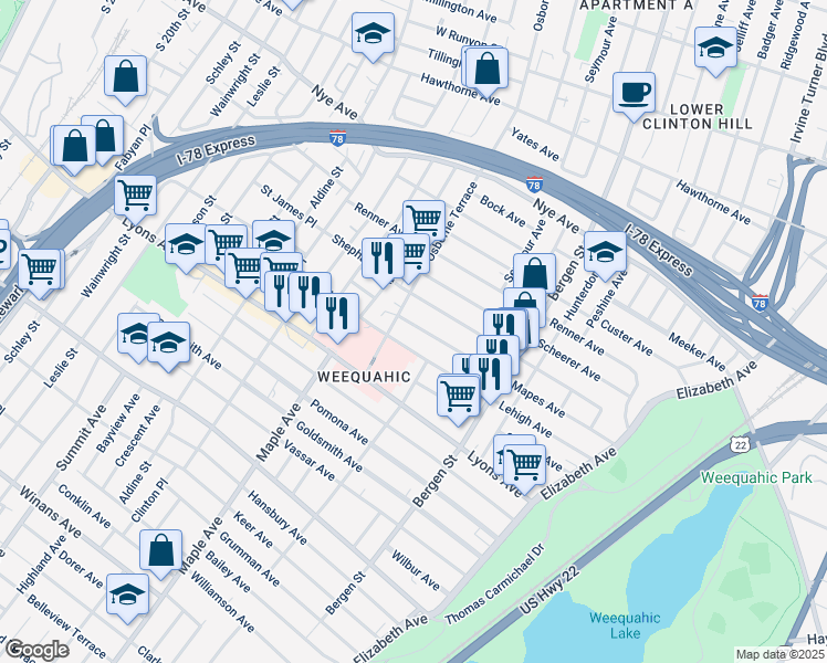 map of restaurants, bars, coffee shops, grocery stores, and more near 374 Osborne Terrace in Newark