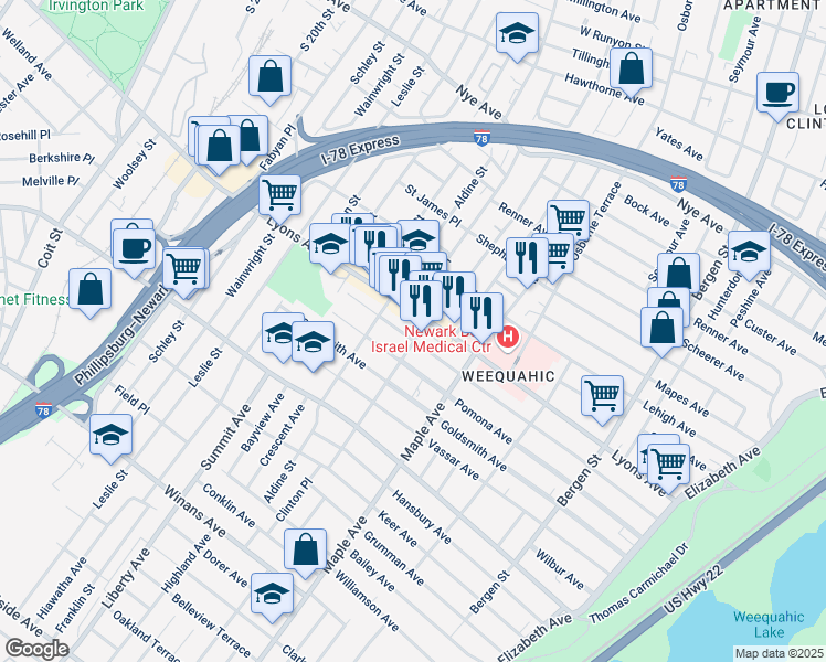 map of restaurants, bars, coffee shops, grocery stores, and more near 228 Weequahic Avenue in Newark