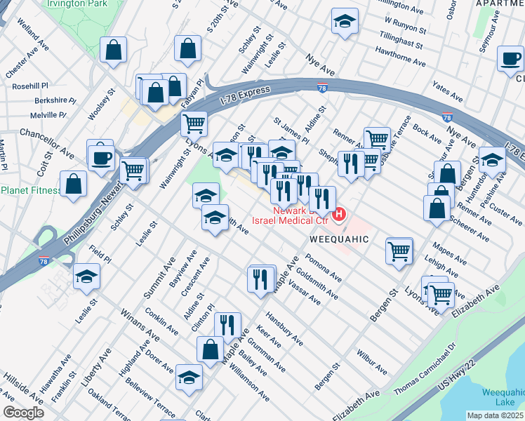 map of restaurants, bars, coffee shops, grocery stores, and more near 241 Pomona Avenue in Newark