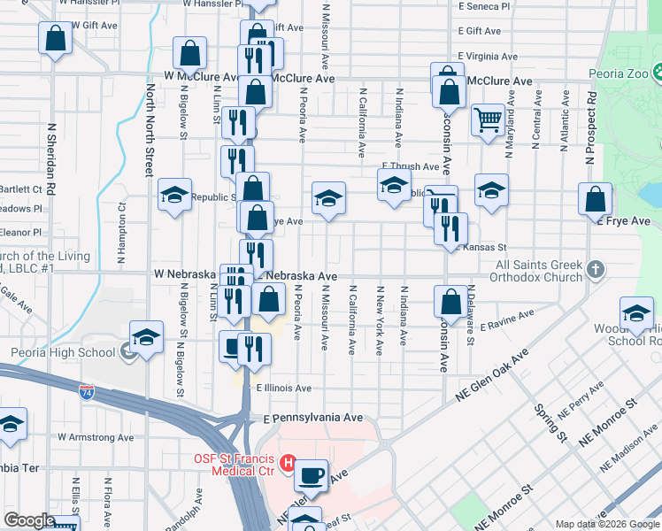 map of restaurants, bars, coffee shops, grocery stores, and more near 1835 North Missouri Avenue in Peoria