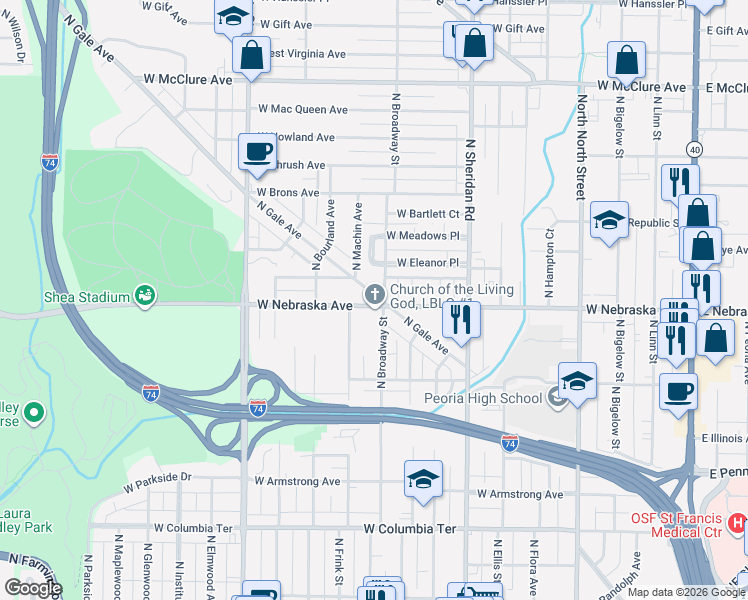 map of restaurants, bars, coffee shops, grocery stores, and more near 1806 North Broadway Street in Peoria