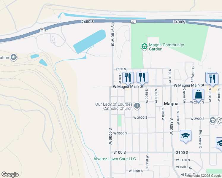 map of restaurants, bars, coffee shops, grocery stores, and more near 2713 South 9200 West in Magna