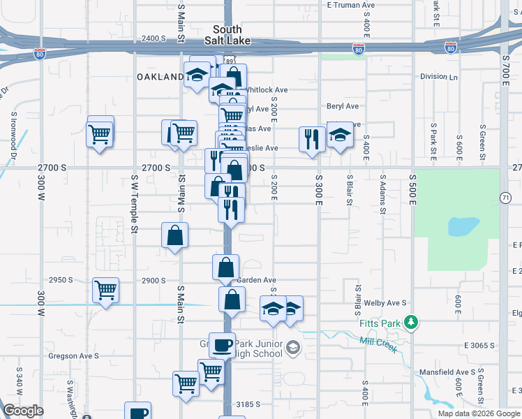 map of restaurants, bars, coffee shops, grocery stores, and more near 166 Claybourne Avenue in South Salt Lake