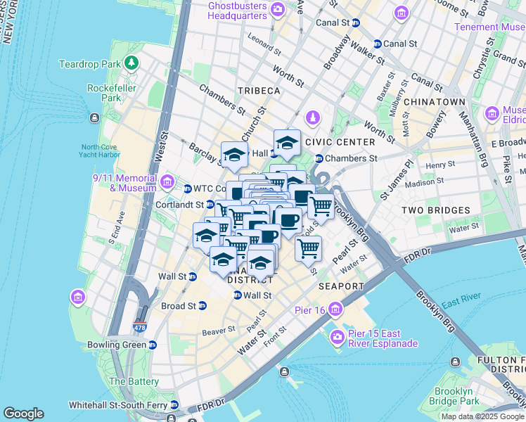 map of restaurants, bars, coffee shops, grocery stores, and more near 119 Fulton Street in New York
