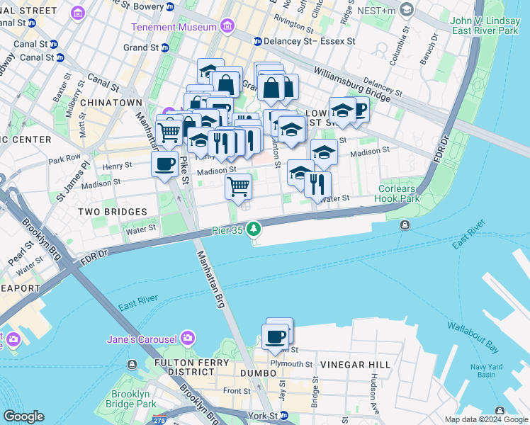 map of restaurants, bars, coffee shops, grocery stores, and more near 299 South Street in New York
