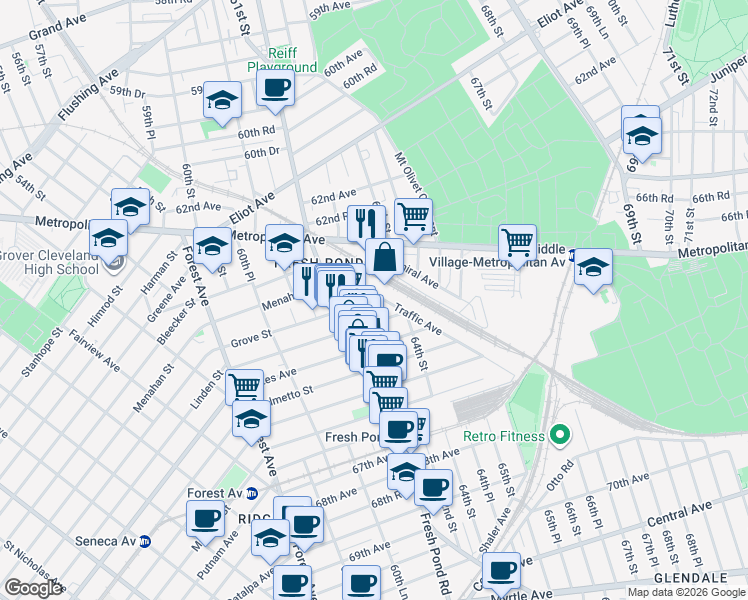 map of restaurants, bars, coffee shops, grocery stores, and more near 61-36 Linden Street in Queens