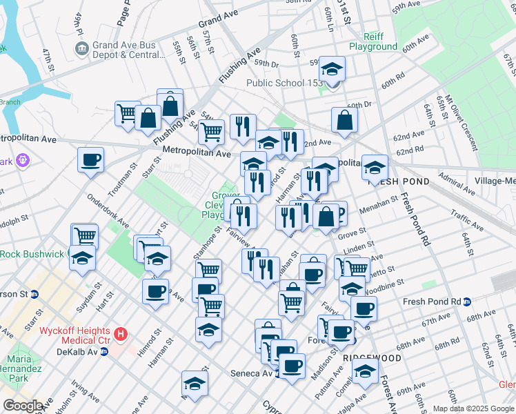 map of restaurants, bars, coffee shops, grocery stores, and more near 20-28 Himrod Street in Queens