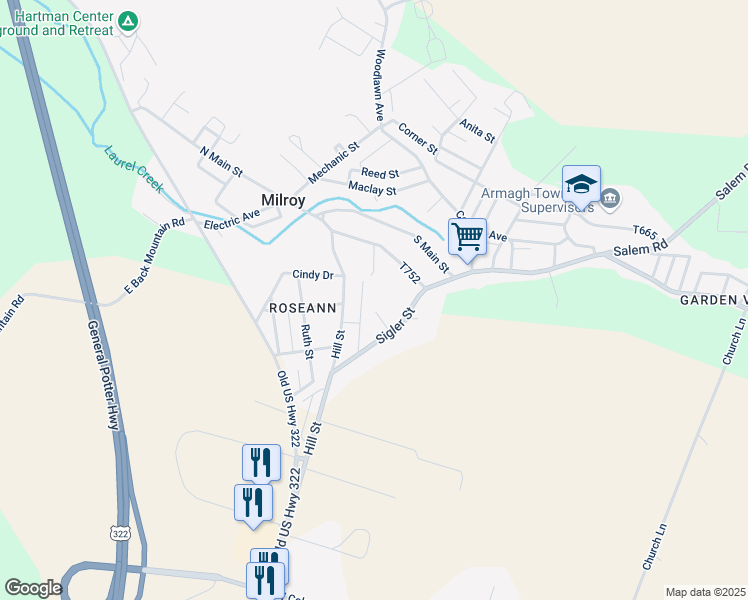 map of restaurants, bars, coffee shops, grocery stores, and more near 221 Sigler Street in Milroy