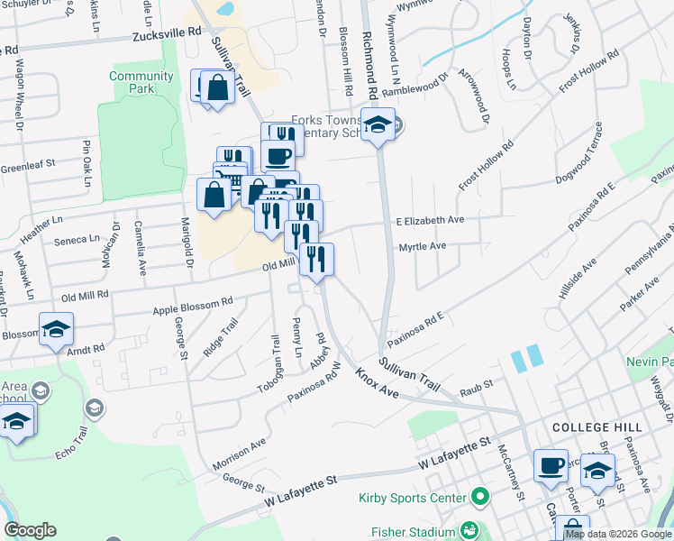 map of restaurants, bars, coffee shops, grocery stores, and more near 1210 Knox Avenue in Easton