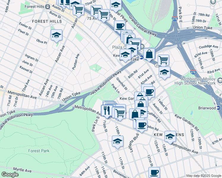 map of restaurants, bars, coffee shops, grocery stores, and more near 80-30 Park Lane in Queens