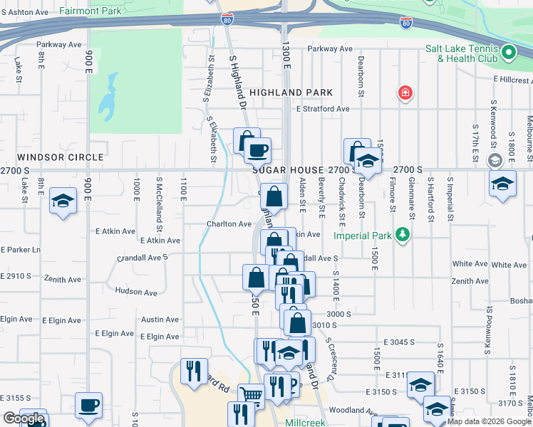 map of restaurants, bars, coffee shops, grocery stores, and more near 2722 South Richmond Street in Salt Lake City