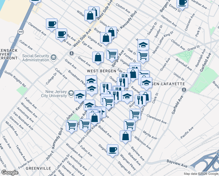 map of restaurants, bars, coffee shops, grocery stores, and more near 114 Grant Avenue in Jersey City
