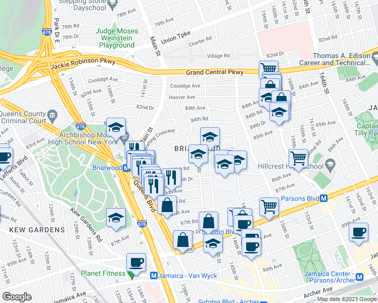 map of restaurants, bars, coffee shops, grocery stores, and more near 142-24 84th Drive in Queens