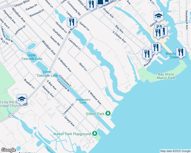 map of restaurants, bars, coffee shops, grocery stores, and more near 60 West Lane in Bay Shore