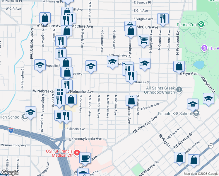 map of restaurants, bars, coffee shops, grocery stores, and more near 1908 North New York Avenue in Peoria
