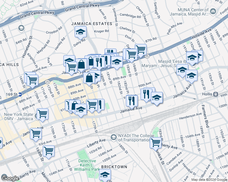 map of restaurants, bars, coffee shops, grocery stores, and more near 90-42 181st Street in Queens