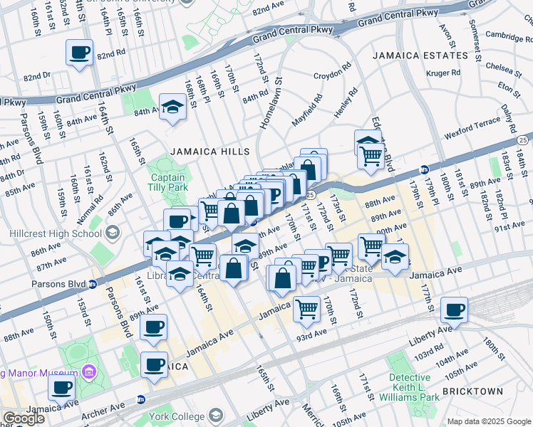 map of restaurants, bars, coffee shops, grocery stores, and more near Hillside Avenue & Homelawn Street in Queens