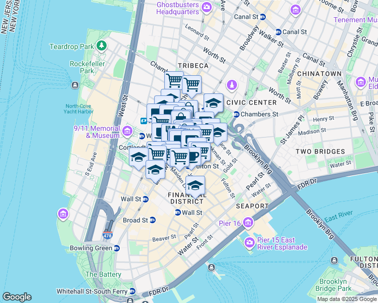 map of restaurants, bars, coffee shops, grocery stores, and more near 225 Broadway in New York
