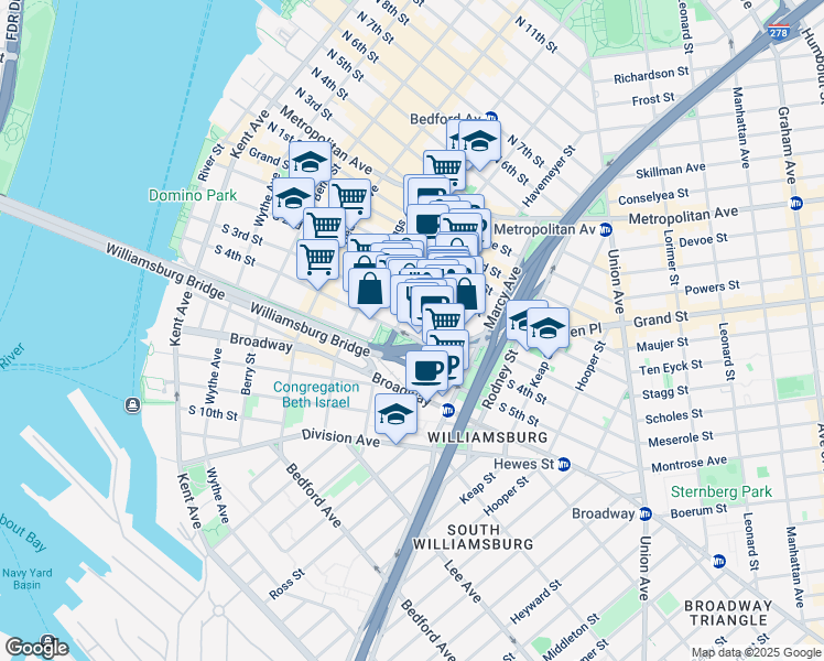 map of restaurants, bars, coffee shops, grocery stores, and more near 209 South 3rd Street in Brooklyn