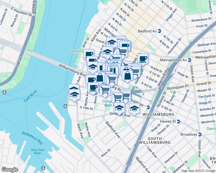 map of restaurants, bars, coffee shops, grocery stores, and more near 394 Bedford Avenue in Brooklyn