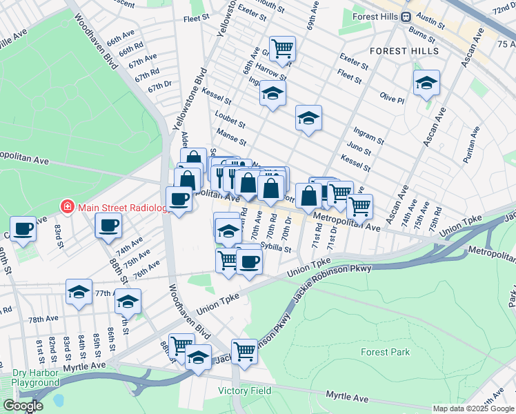 map of restaurants, bars, coffee shops, grocery stores, and more near 89-24 69th Road in Queens